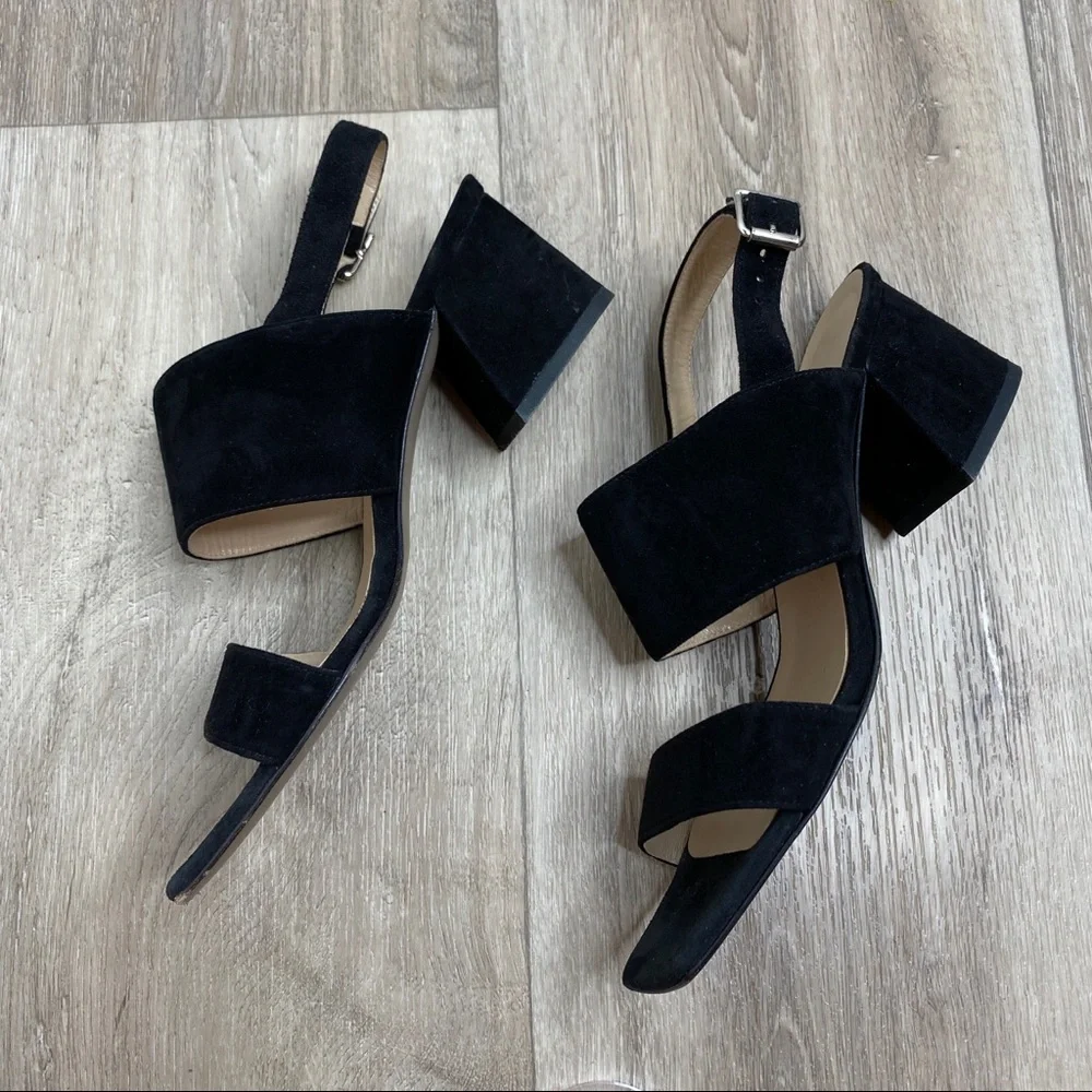 Lafayette 148 New York Black Suede Strappy Block Heel Sandals